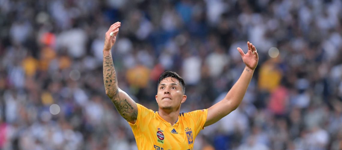 MONTERREY, MEXICO - MARCH 09: Carlos Salcedo of Tigres looks on during a 10th round match between Monterrey and Tigres UANL as part of Torneo Clausura 2019 LIga MX at BBVA Bancomer Stadium on March 09, 2019 in Monterrey, Mexico. (Photo by Azael Rodriguez/Getty Images)