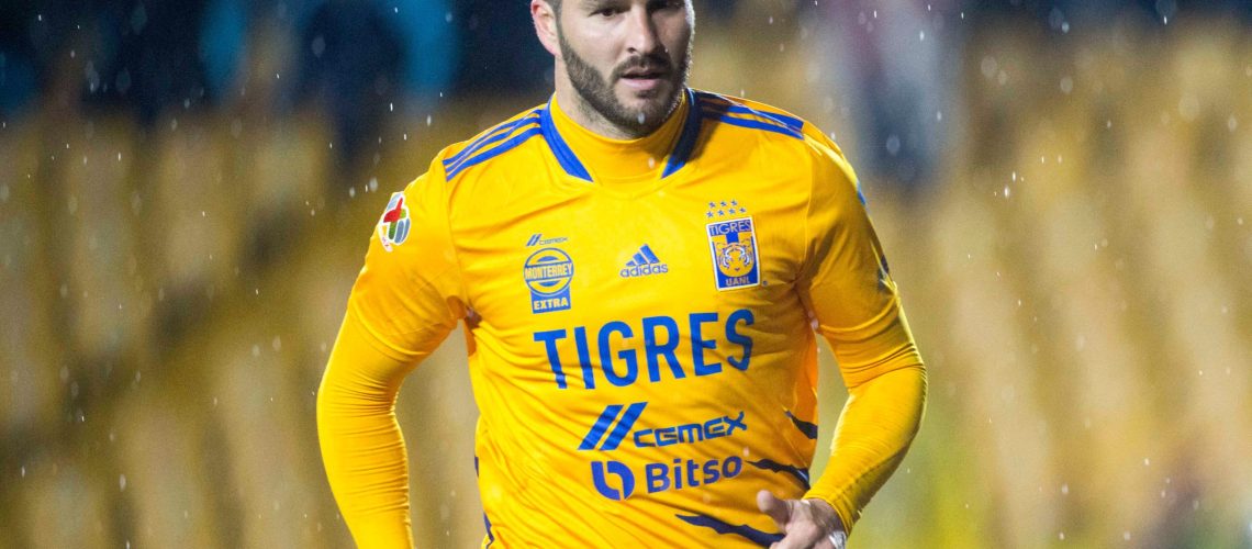 Tigres' Andre Pierre Gignac celebrates after scoring against  Mazatlan during their Mexican Clausura 2022 football tournament at the Universitario stadium in Monterrey, Mexico, on February 6, 2022. (Photo by Julio Cesar AGUILAR / AFP) (Photo by JULIO CESAR AGUILAR/AFP via Getty Images)