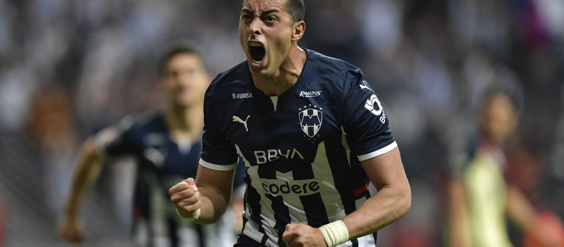 MONTERREY, MEXICO - MARCH 05: Rogelio Funes Mori of Monterrey celebrates after scoring his team's second goal during the 9th round match between Monterrey and America as part of the Torneo Grita Mexico C22 Liga MX at BBVA Stadium on March 05, 2022 in Monterrey, Mexico. (Photo by Azael Rodriguez/Getty Images)