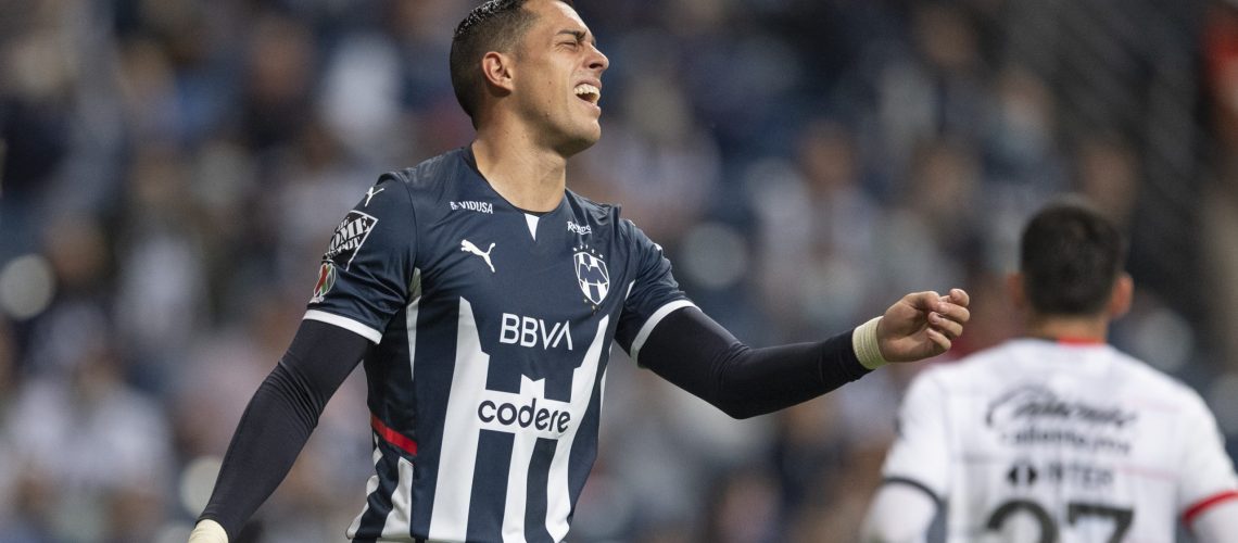 MONTERREY, MEXICO - NOVEMBER 24: Rogelio Funes Mori #7 of Monterrey reacts during the quarterfinals first leg match between Monterrey and Atlas as part of the Torneo Grita Mexico A21 Liga MX at BBVA Stadium on November 24, 2021 in Monterrey, Mexico. (Photo by Azael Rodriguez/Getty Images)