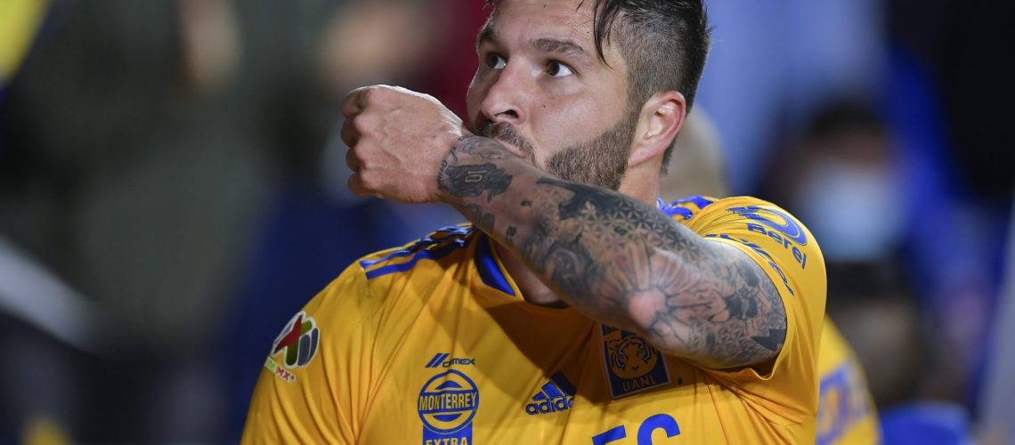 MONTERREY, MEXICO - FEBRUARY 19: Andre-Pierre Gignac of Tigres celebrates after scoring his team's second goal during the 6th round match between Tigres UANL and Atletico San Luis as part of the Torneo Grita Mexico C22 Liga MX at Universitario Stadium on February 19, 2022 in Monterrey, Mexico. (Photo by Azael Rodriguez/Getty Images)